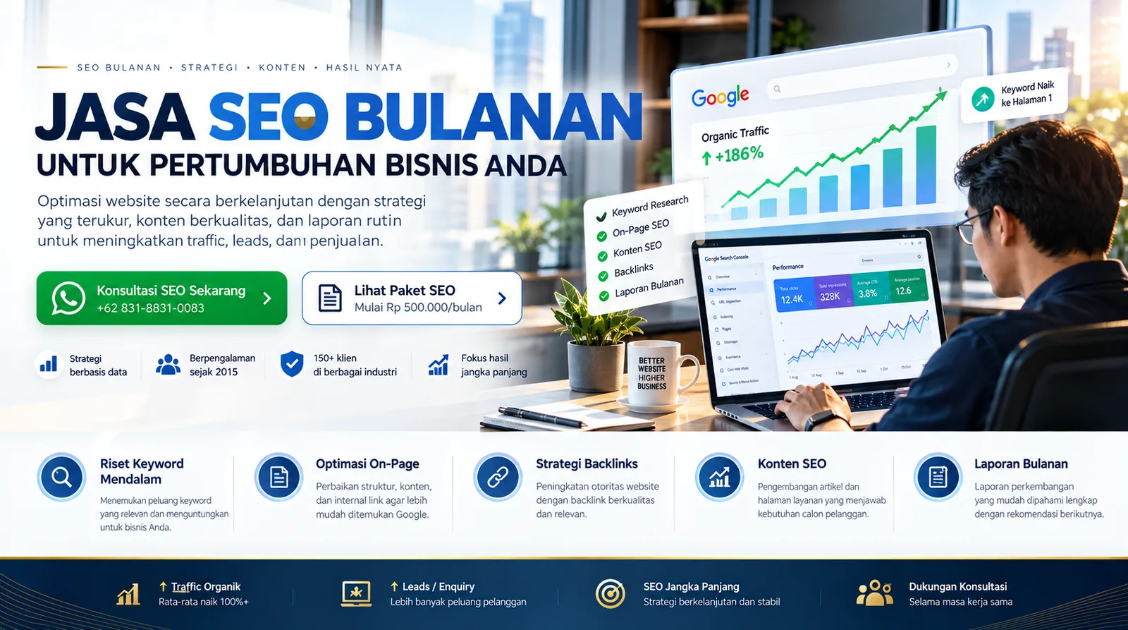 Jasa seo bulanan, ilustrasi riset keyword, optimasi on-page, konten seo, backlink dan laporan bulanan